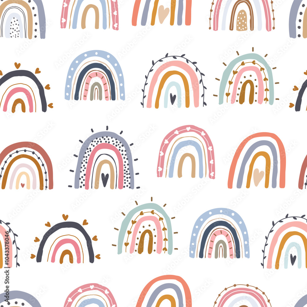 Seamless childish pattern with hand drawn rainbow in cartoon style. design for Newborn apparel, textiles, and wallpaper. Vector illustration Seamless childish pattern with hand drawn rainbow in cartoon style. design for Newborn apparel, textiles, and wallpaper. Vector illustration