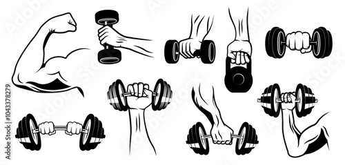 Set of illustrations of athlete hand with dumbell, barbell vector icon