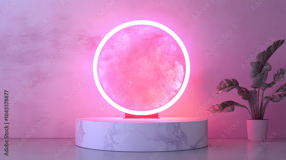A stylish pink and white pedestal with a round neon sign behind it. The background is a minimalist wall in a pastel-colored room. This is a 3D design for showcasing products. A stylish pink and white pedestal with a round neon sign behind it. The background is a minimalist wall in a pastel-colored room. This is a 3D design for showcasing products.