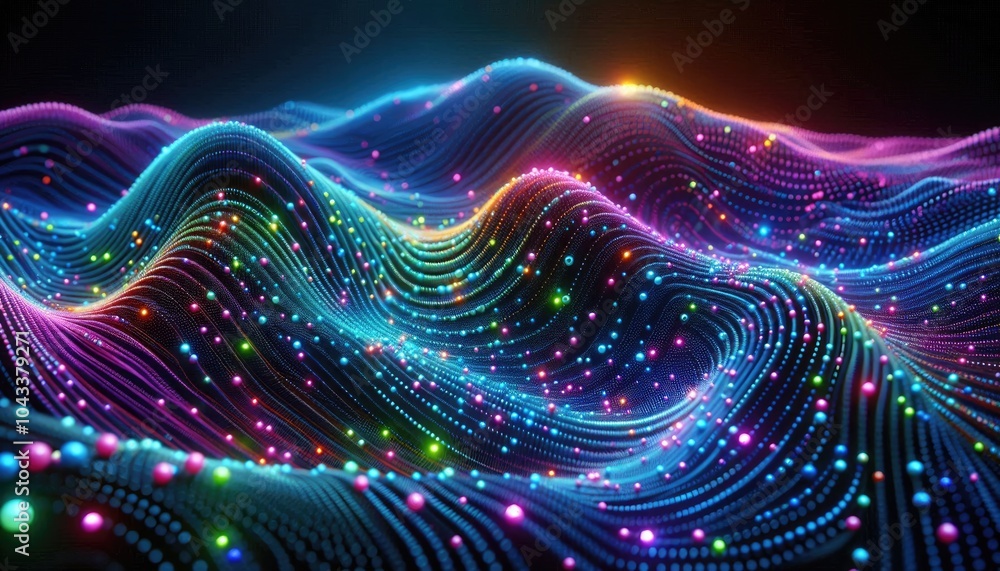 Dynamic Digital Landscape: Wave-Like Surface of Multicolored Dots Representing Machine Learning, Neural Networks, and Data Flow in a Futuristic Visualization of AI and Big Data Processing Dynamic Digital Landscape: Wave-Like Surface of Multicolored Dots Representing Machine Learning, Neural Networks, and Data Flow in a Futuristic Visualization of AI and Big Data Processing