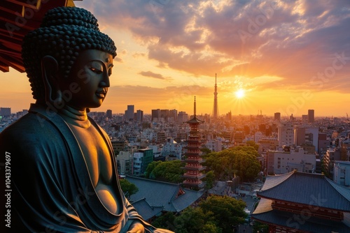 The beautiful temple of Asakusa in Tokyo with the statue of Kannon, Japan. photo