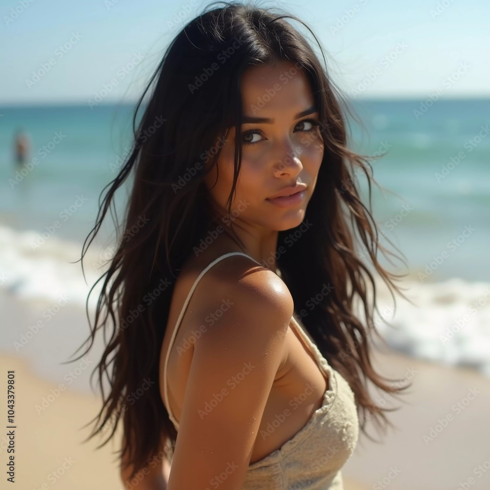 A brunette woman in a swimsuit gazes back while standing near the shoreline. Gentle sea waves lap at her feet under a clear blue sky. Long hair, beautiful young face. Travel and clothing adverts. AI A brunette woman in a swimsuit gazes back while standing near the shoreline. Gentle sea waves lap at her feet under a clear blue sky. Long hair, beautiful young face. Travel and clothing adverts. AI