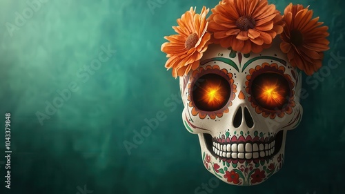 A decorated skull adorned with orange flowers, symbolizing Dia de los Muertos, against a textured teal background. photo