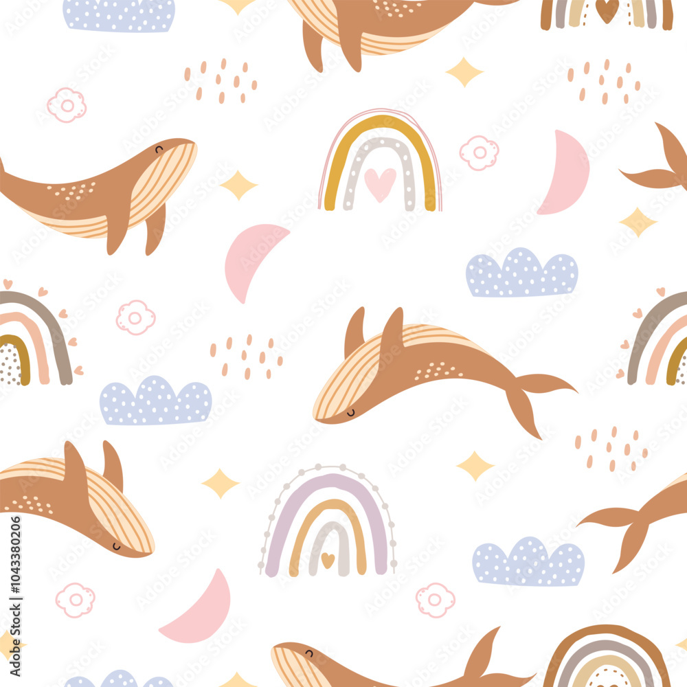 Playful Whales and Rainbows A Delightful Pattern of Marine Life and Colorful Shapes for Whimsical Design Projects Playful Whales and Rainbows A Delightful Pattern of Marine Life and Colorful Shapes for Whimsical Design Projects