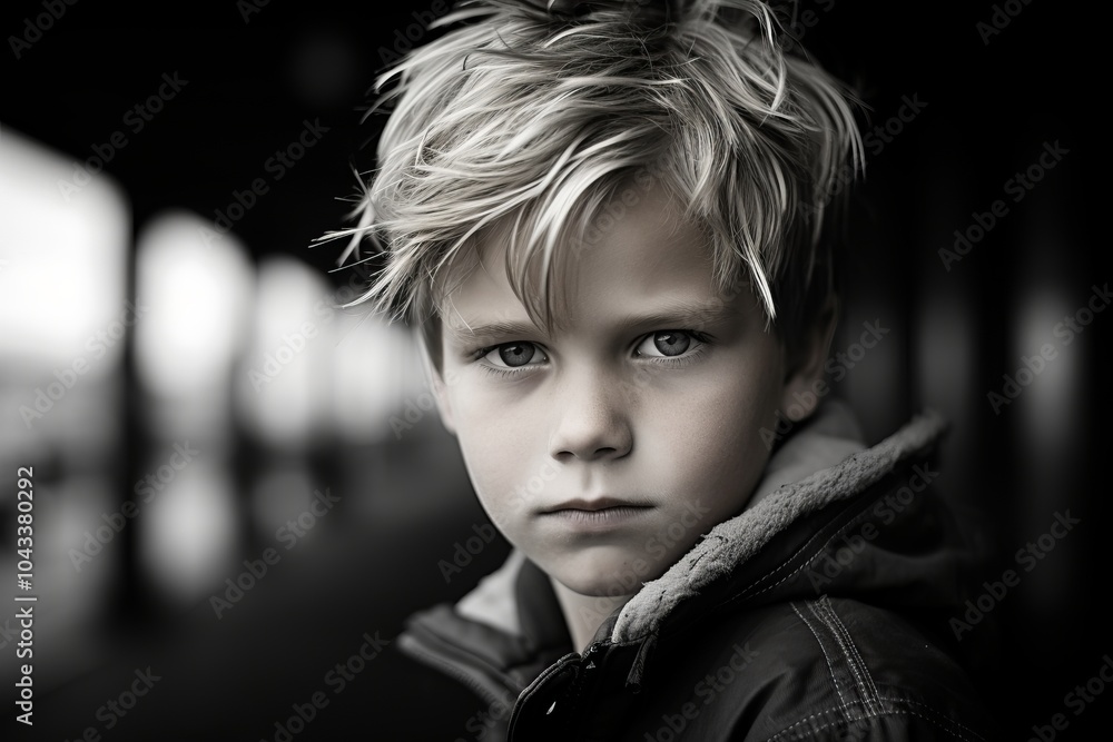 Portrait of a boy with blond hair in the street. Black and white. Portrait of a boy with blond hair in the street. Black and white.
