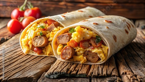 A Rustic Wooden Surface Holds Two Golden-Brown Burritos Filled with Scrambled Eggs, Sausage, and Vibrant Red and Yellow Vegetables