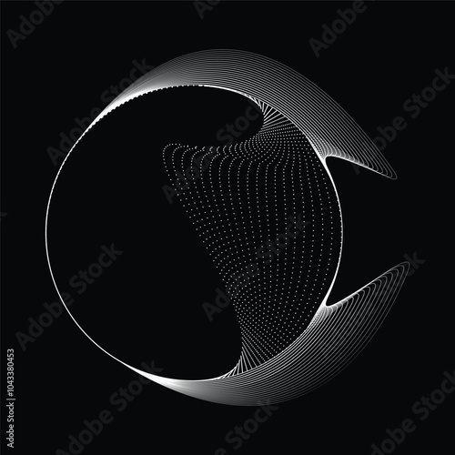 Dots and lines in Circle Form. Dotted rounded shape Vector Illustration .Lots of halftones form a ring. Design element. Various halftone dots and lines forming round frame. Abstract Geometric dot art 