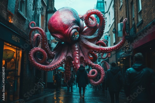 A surreal street scene with a giant octopus looming above pedestrians. The atmosphere is dark and mysterious, capturing urban art and fantasy. Generative AI photo