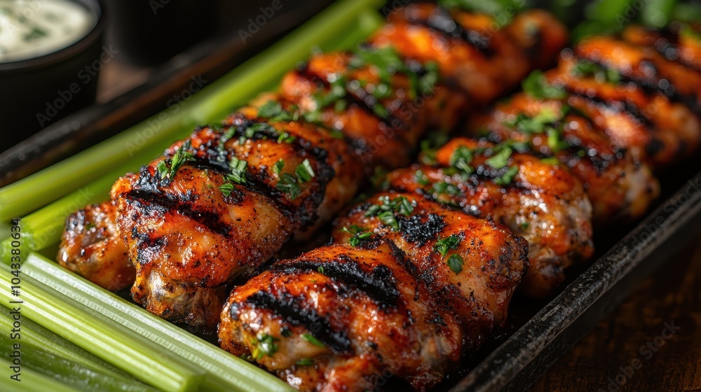 Grilled chicken skewers with fresh celery and herbs a perfect appetizer Grilled chicken skewers with fresh celery and herbs a perfect appetizer