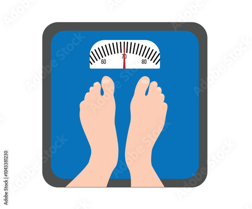 Man Standing with Bare Feet on Scales. Monitoring weight and health care vector art