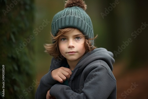 Portrait of a little boy in a knitted hat and coat in the autumn forest