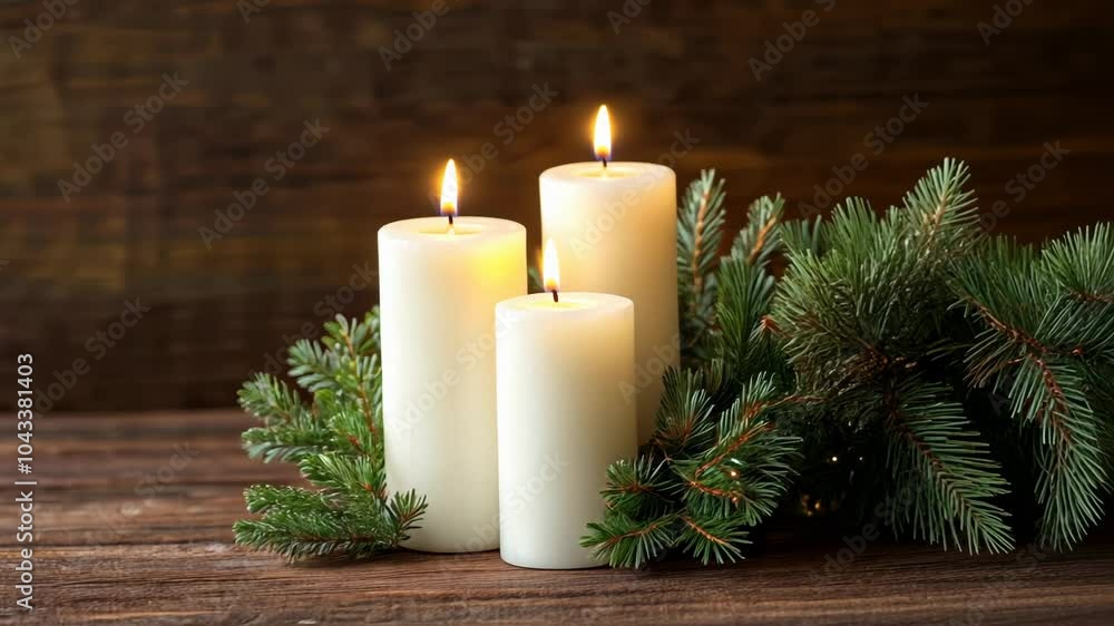 Three lit white candles surrounded by evergreen branches on a wooden table evoke Christmas and tranquility Three lit white candles surrounded by evergreen branches on a wooden table evoke Christmas and tranquility