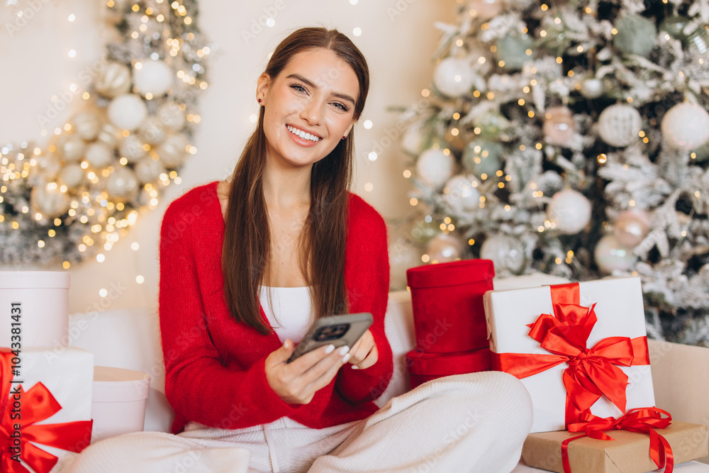 Woman Enjoying Christmas Surrounded By Gifts And Decorations Woman Enjoying Christmas Surrounded By Gifts And Decorations