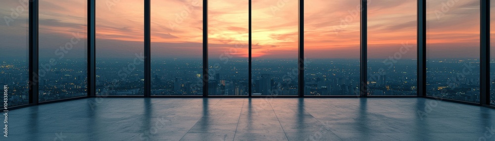 Fototapeta premium Stunning sunset view from a modern skyscraper, highlighting urban skyline and colorful clouds through large glass windows.