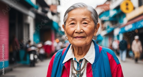 southeast asian elderly woman urban streetwear bright background wearing fashion portrait