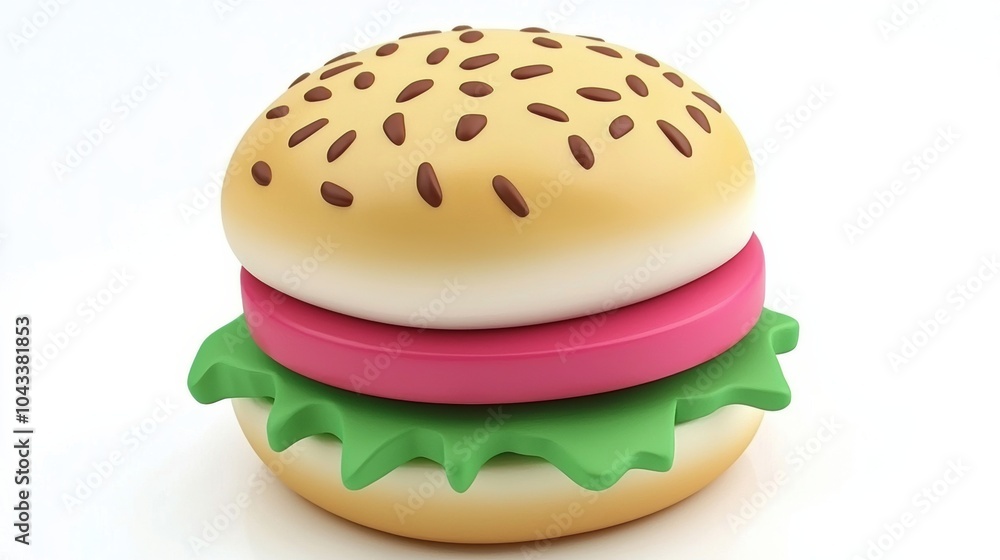 Colorful and playful cartoon burger with sesame bun, vibrant lettuce, and stylized patties, perfect for children's products and food illustrations. Colorful and playful cartoon burger with sesame bun, vibrant lettuce, and stylized patties, perfect for children's products and food illustrations.