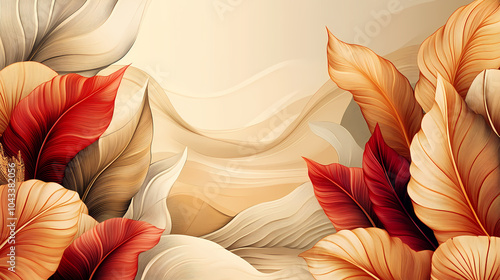 Abstract botanical art background with tropical leaves in line style in brown and beige colors.