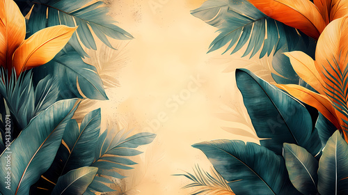 Abstract botanical art background with tropical leaves in line style in brown and beige colors.