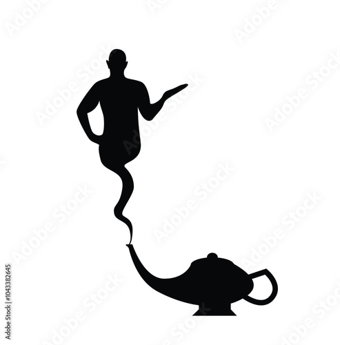 Silhouette of Genie from the Magic Lamp. Fictional fairy tale character vector art