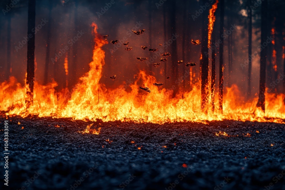 A close-up of a forest reduced to ashes after a wildfire symbolizing the increasing frequency of forest fires A close-up of a forest reduced to ashes after a wildfire symbolizing the increasing frequency of forest fires