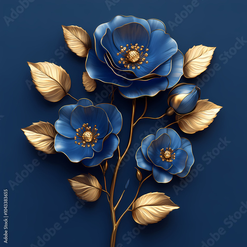 3D Vector gold on blue roses line art, elegant style flowers background.