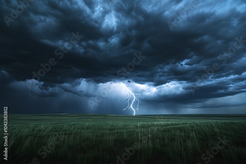 Powerful Lightning Striking Over a Vast Green Field - Dynamic Weather Photography photo