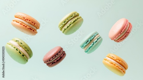 Wallpaper Mural Colorful macarons floating against a light pastel background, showcasing a variety of flavors and delicate textures for a whimsical dessert aesthetic. Torontodigital.ca