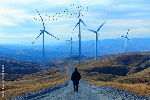 A man stands alone in a field of wind turbines looking up at the rotating blades symbolizing the shift to renewable energy