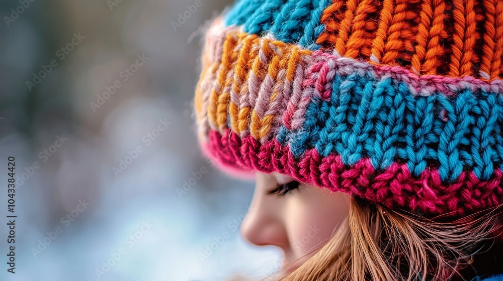 Vibrant knitted beanie with colorful stripes of blue, orange, and pink adorns a person's head, showcasing warmth and style against a soft, wintry backdrop. Vibrant knitted beanie with colorful stripes of blue, orange, and pink adorns a person's head, showcasing warmth and style against a soft, wintry backdrop.