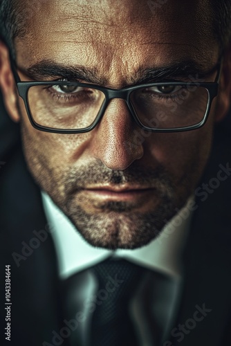 A professional man wearing glasses and a suit with tie, suitable for office or corporate use