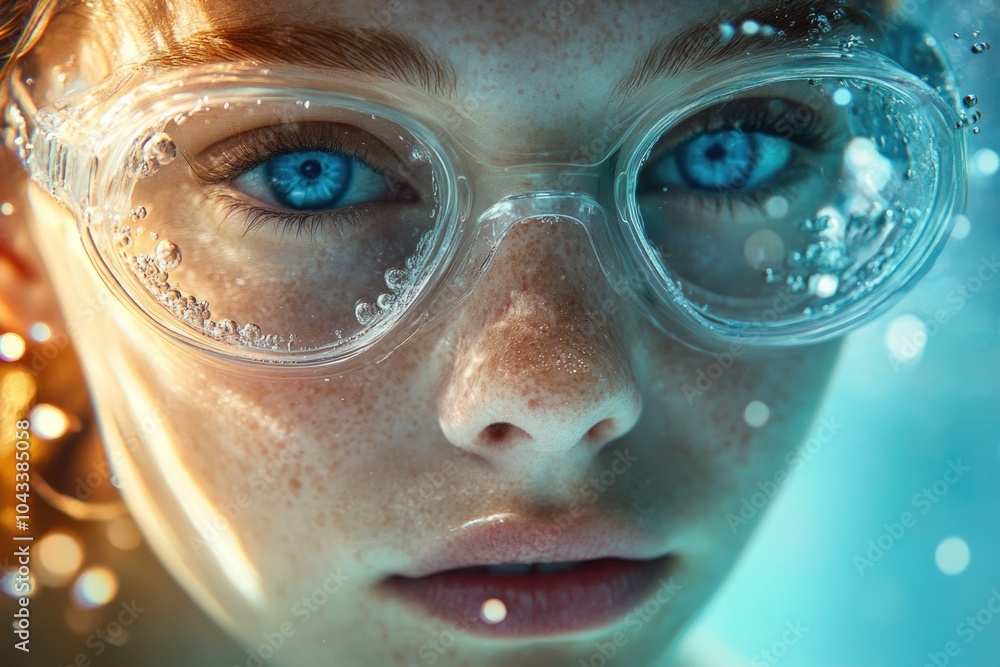 A close-up view of a person's face and goggles while swimming underwater A close-up view of a person's face and goggles while swimming underwater