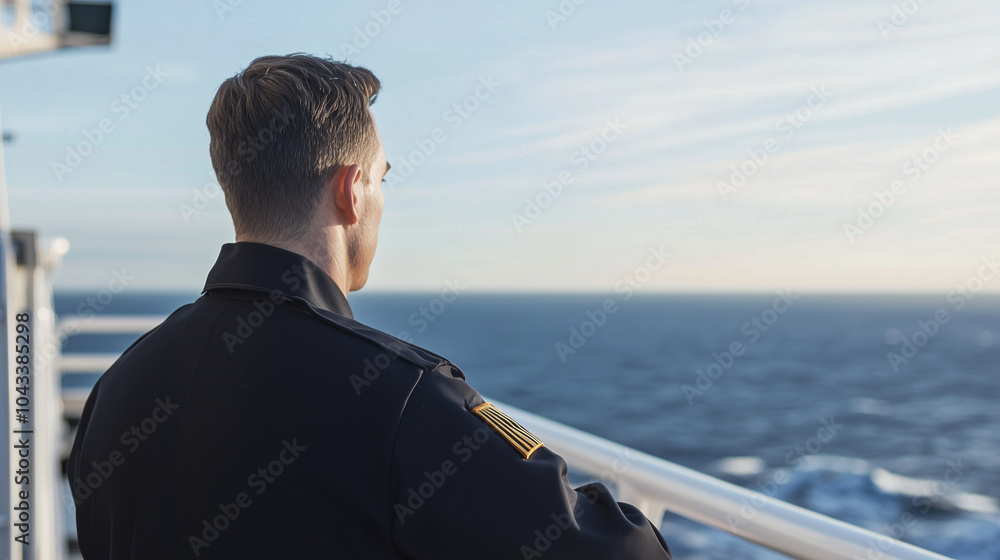 Fototapeta premium Navy Officer on Ship Deck Gazing at Horizon