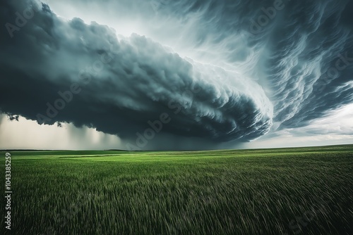 Dramatic Storm Clouds Rolling Over a Green Field - Powerful Weather Landscape