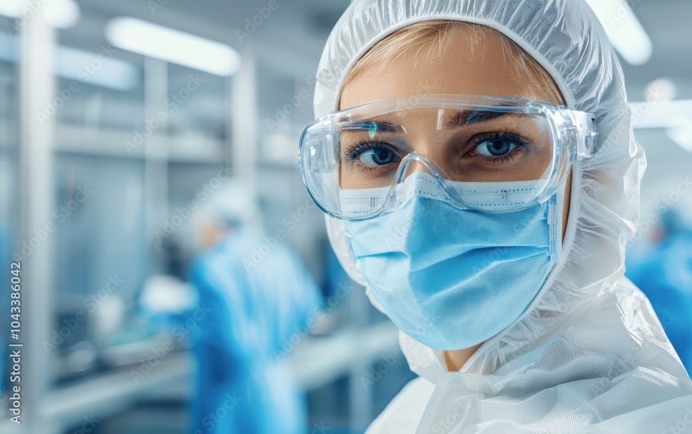 A healthcare professional in protective gear, including a mask and goggles, working in a sterile laboratory environment. Safety and diligence. A healthcare professional in protective gear, including a mask and goggles, working in a sterile laboratory environment. Safety and diligence.