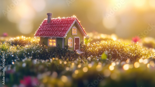 Miniature fairy house with glowing windows surrounded by flowers and moss in a forest, sunlight with magical sparkles. Fantasy and enchanted garden concept. photo