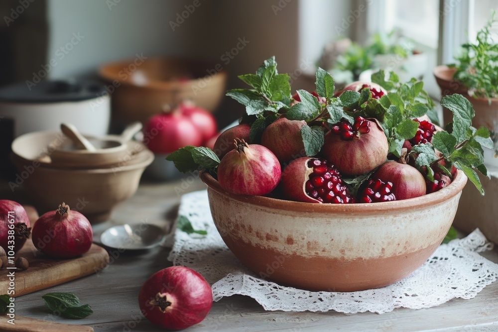 A beautiful bowl filled with fresh pomegranates and green leaves sits on a rustic table. The warm colors create a cozy kitchen vibe. Perfect for food lovers. Generative AI A beautiful bowl filled with fresh pomegranates and green leaves sits on a rustic table. The warm colors create a cozy kitchen vibe. Perfect for food lovers. Generative AI