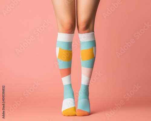 Colorful knee-high socks on legs against a pink background, showcasing a trendy and playful fashion statement. photo