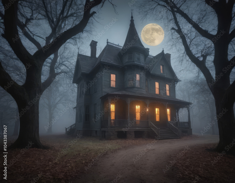 Fototapeta premium Un castello gotico si erge su una collina, illuminato solo dalla luce fredda della luna, con pipistrelli che volano nel cielo notturno.
