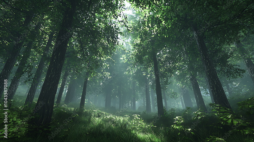 Obraz premium Enchanting sunlight filtering through a lush forest canopy creating a magical atmosphere in nature's embrace