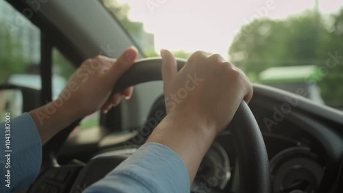 Wallpaper Mural Unrecognizable hands touching steering wheel car Caucasian woman driver female sitting inside auto transport. Girl get ready driving automobile travel parking in city test drive safety transportation Torontodigital.ca