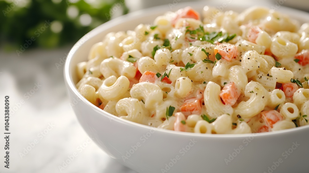 Creamy pasta salad in white ceramic bowl, elbow macaroni with diced carrots and herbs. Bright food photography with soft natural lighting and shallow depth of field. Creamy pasta salad in white ceramic bowl, elbow macaroni with diced carrots and herbs. Bright food photography with soft natural lighting and shallow depth of field.