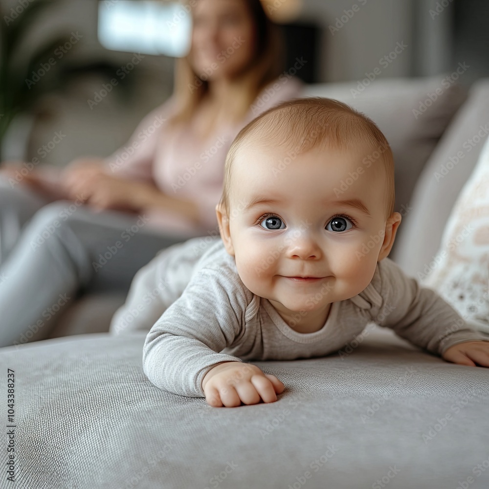 Crawling on sofa. Little baby girl crawling on sofa and leaning on cushion while her mother sitting at background Crawling on sofa. Little baby girl crawling on sofa and leaning on cushion while her mother sitting at background