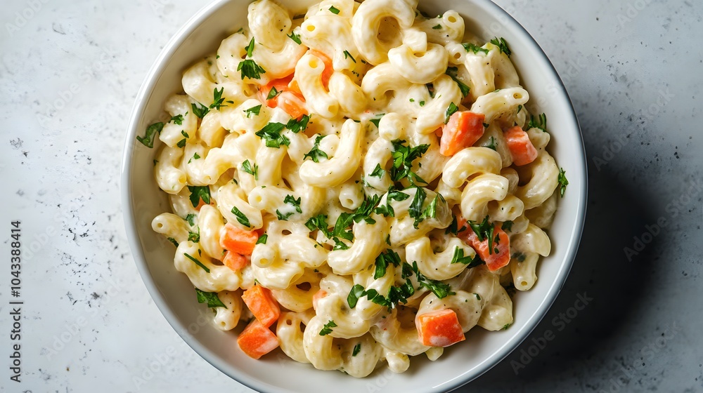 Creamy pasta salad in white ceramic bowl, elbow macaroni with diced carrots and herbs. Bright food photography with soft natural lighting and shallow depth of field. Creamy pasta salad in white ceramic bowl, elbow macaroni with diced carrots and herbs. Bright food photography with soft natural lighting and shallow depth of field.