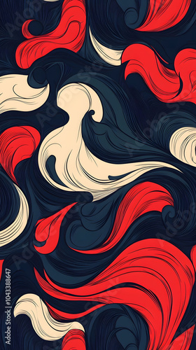 Abstract floral swirl pattern in red and purple with seamless texture and decorative elements