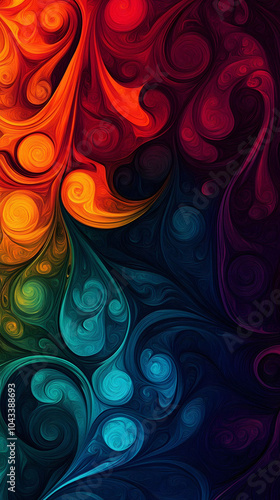 Abstract floral swirl pattern in red and purple with seamless texture and decorative elements