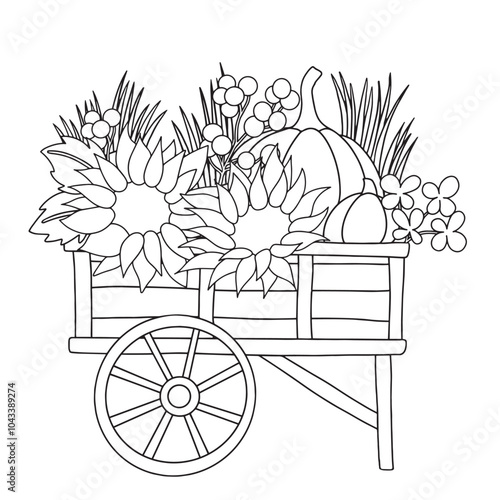 Coloring page. Vector drawing, cart with pumpkins and sunflowers in vintage style. Thanksgiving card, rural, harvest festival. Drawing in doodle style.