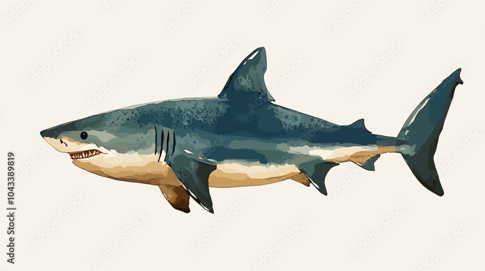 Obraz premium Watercolor shark on a white background. Scary jaws and angry sharks swimming in the ocean. Inhabitant in the waters of the oceans. Vector illustration