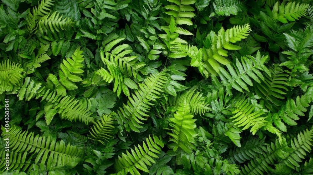 Obraz premium Lush dark green ferns tightly packed, showing rich textures and deep shadows, minimal light, full-frame composition