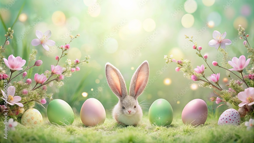 Obraz premium A fluffy white bunny with long ears sits amongst a grassy field with pastel colored eggs and delicate pink blossoms.
