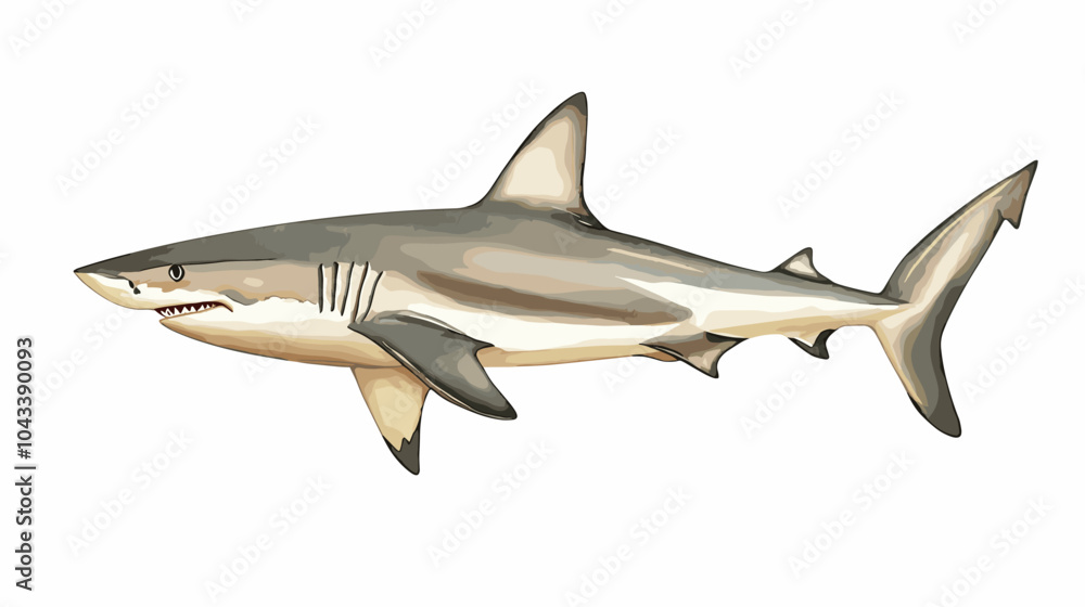 Fototapeta premium Watercolor shark on a white background. Scary jaws and angry sharks swimming in the ocean. Inhabitant in the waters of the oceans. Vector illustration